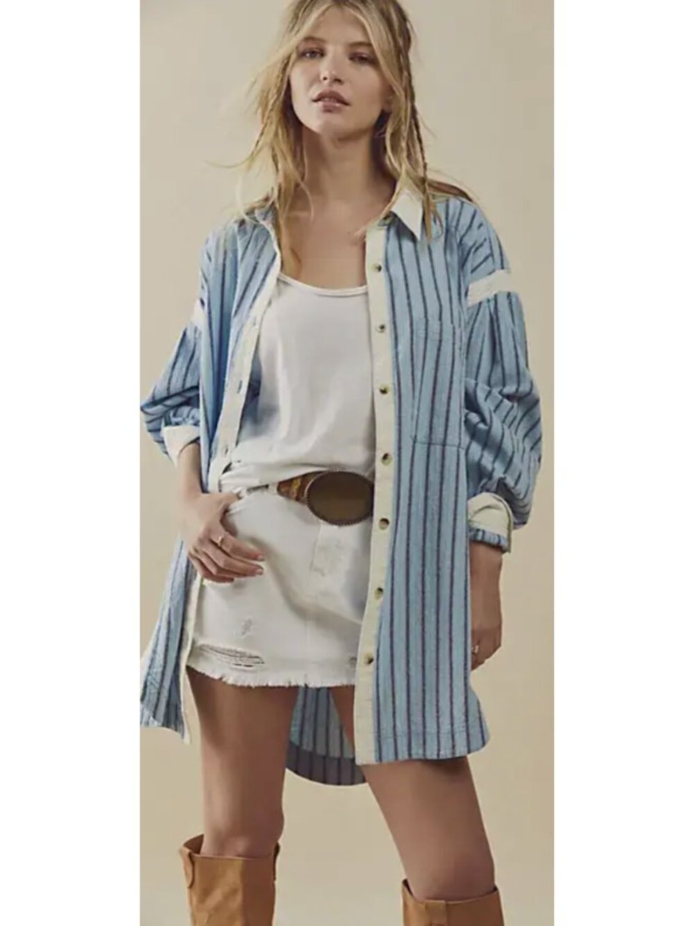 FREE PEOPLE WE THE FREE Cool And Clean Stripe Oxford Oversized Shirt Small Boho